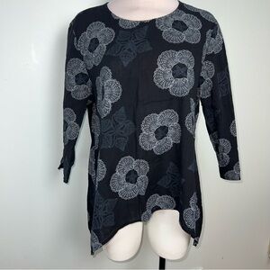 Cantoo Black Tunic Top Floral Shell Print Handkerchief Hem Lightweight Size M